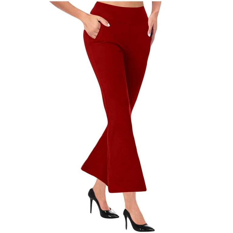 Bell Bottom Pants Women Elastic Waist Capris Pants with Pockets Solid Color Cropped Pants Business Casual Dress Pants Red XL Walmart