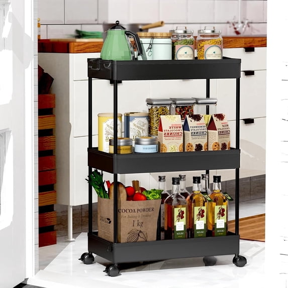 SOYO 3 Tier Rolling Storage Cart, Utility Cart Mobile Slide Out Organizer, Bathroom Standing Rack Shelving Unit Organizer for Kitchen, Bathroom, Laundry Room, Black