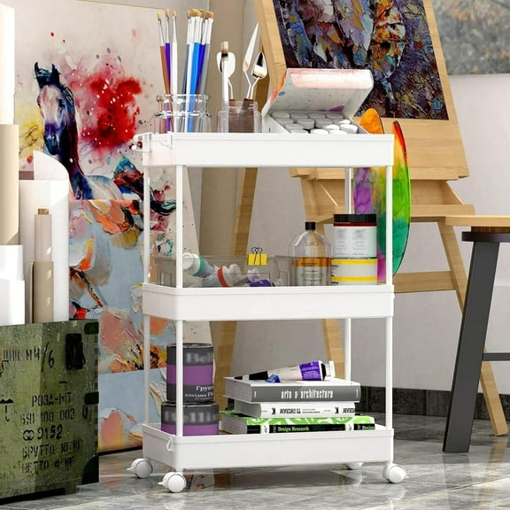 SOYO 3 Tier Rolling Storage Cart, Utility Cart Mobile Slide Out Organizer, Bathroom Standing Rack Shelving Unit Organizer for Kitchen, Bathroom, Laundry Room, White