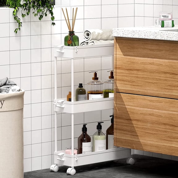 SOYO 3 Tier Slim Rolling Storage Cart, Mobile Shelving Unit Bathroom Organizer Utility Cart for Kitchen, Laundry Room Organization, Narrow Places(White)