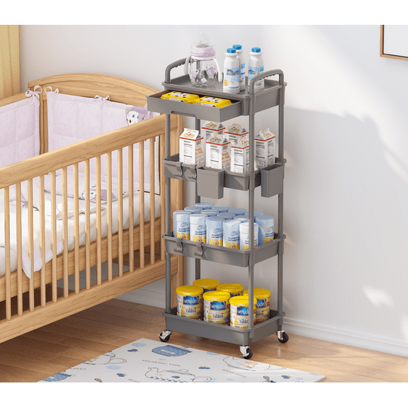 SOYO 4 Tier Rolling Utility Cart with Drawer, Utility Cart Organizer, Storage Organizer with Lockable Wheels, Rolling Storage Cart for Kitchen, Bathroom, Snack, Craft, Office, Gray, 4 Tier