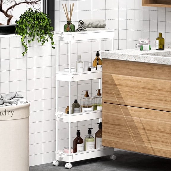 SOYO 4 Tier Slim Rolling Storage Cart Organizer, Mobile Shelving Unit Utility Cart Tower Rack for Kitchen Bathroom Laundry Narrow Places, White