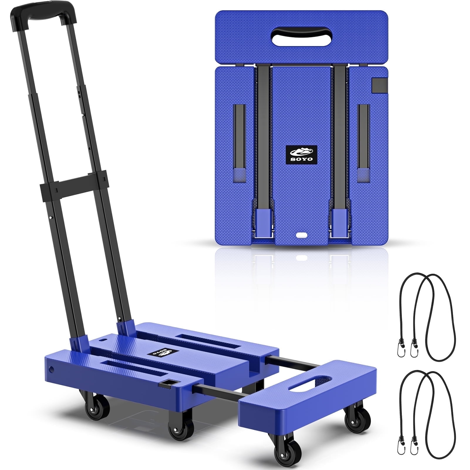 500lbs Folding Hand Truck, Heavy Duty Dolly, Portable 6 Wheels Collapsible Luggage Cart with 2 Elastic Ropes for Moving, Travel, Shopping, House Office Use, Blue