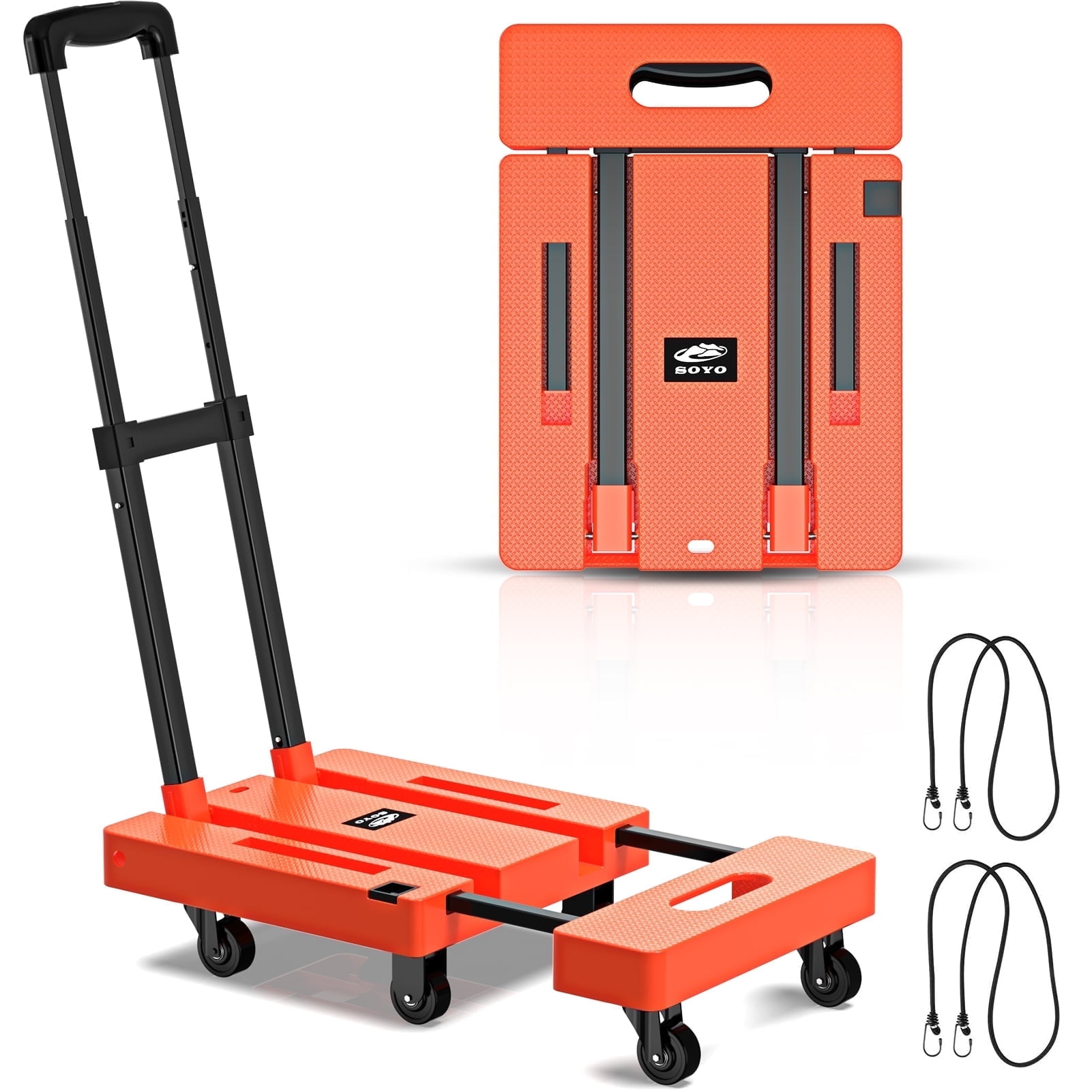 SOYO 500lbs Folding Hand Truck, Heavy Duty Dolly, Portable 6 Wheels Collapsible Luggage Cart with 2 Elastic Ropes for Moving, Travel, Shopping, House Office Use, Orange