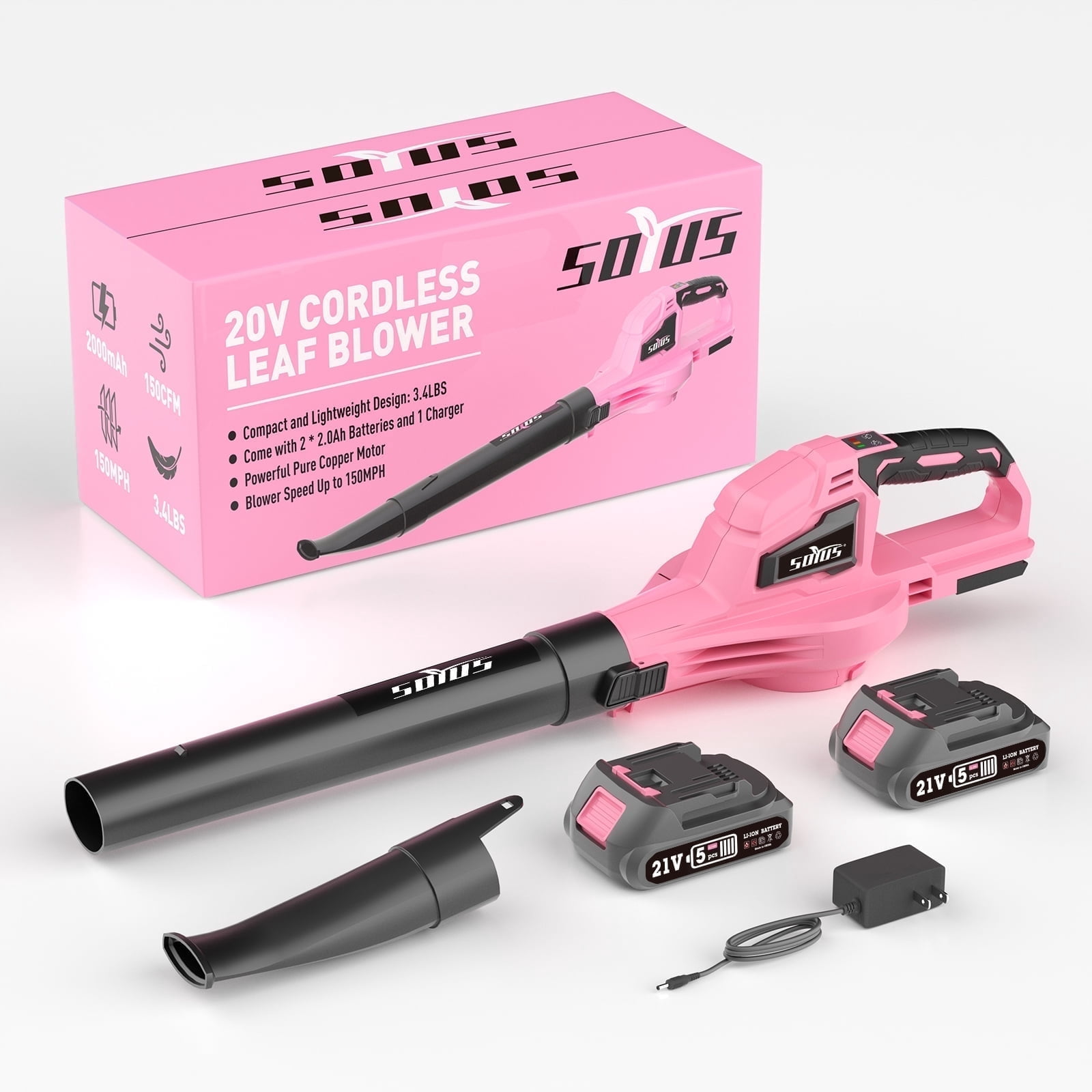 SOYUS Leaf Blower, 21V Leaf Blower Cordless with 2x2.0Ah Battery and Charger, 150 MPH Electric Leaf Blower with Two-Speed Mode, Blowers for Lawn Care, Debris Dust Cleaning（Pink）