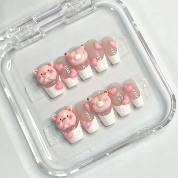 SP-112 White Pig 10 Pieces Light Therapy Handmade Wearing Nail French Cute Pig Pig Finished Nail Art Wholesale