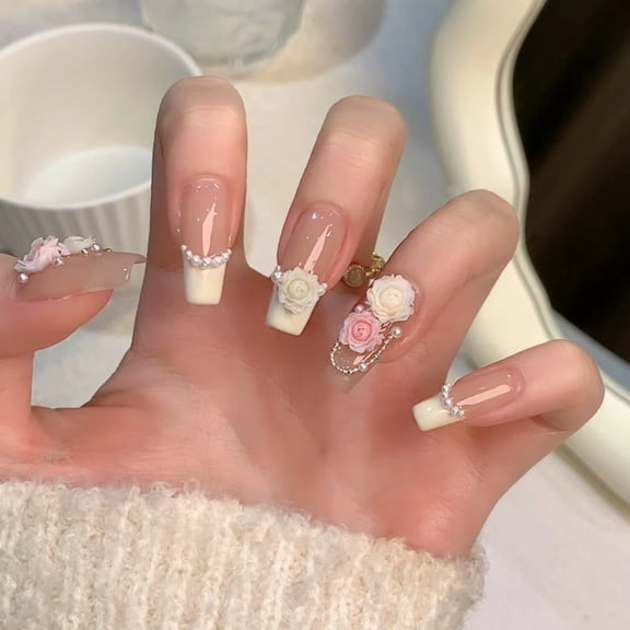SP-142 Gentle Rose 10 Pieces Light Therapy Handmade Wearing Nail Flower French Pearl Finished Nail Art Wholesale