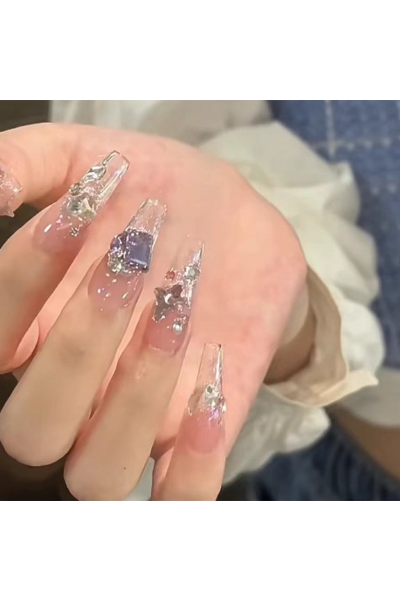 SP-206 Butterfly Midsummer Night 10 pieces Phototherapy Handmade Wear Nail Gradual change Butterfly Flash Diamond Finished Nail Art Batch