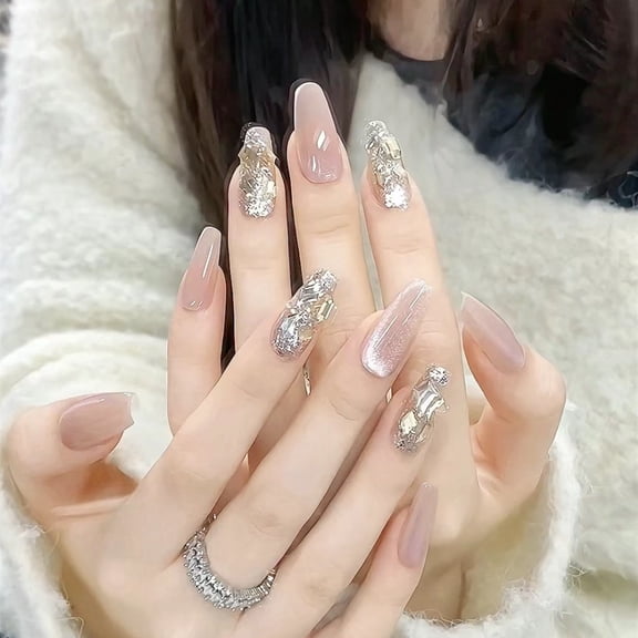 SP-68 Bare Powder Champagne 10 Pieces Phototherapy Handmade Wearing Nail Cat's Eye Golden Flash Champagne Finished Nail Art Wholesale