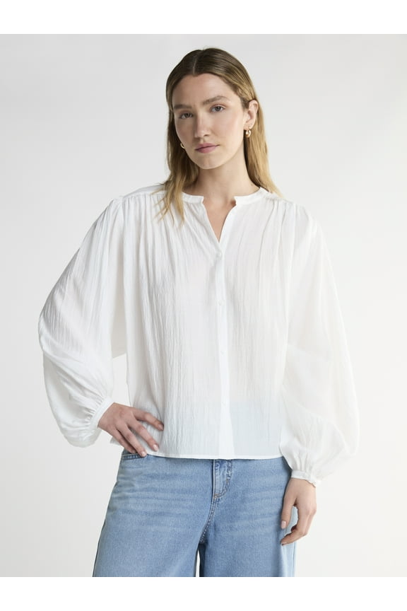 Women’s Crinkle Gauze Shirt with Blouson Sleeves, Sizes XS-XXL