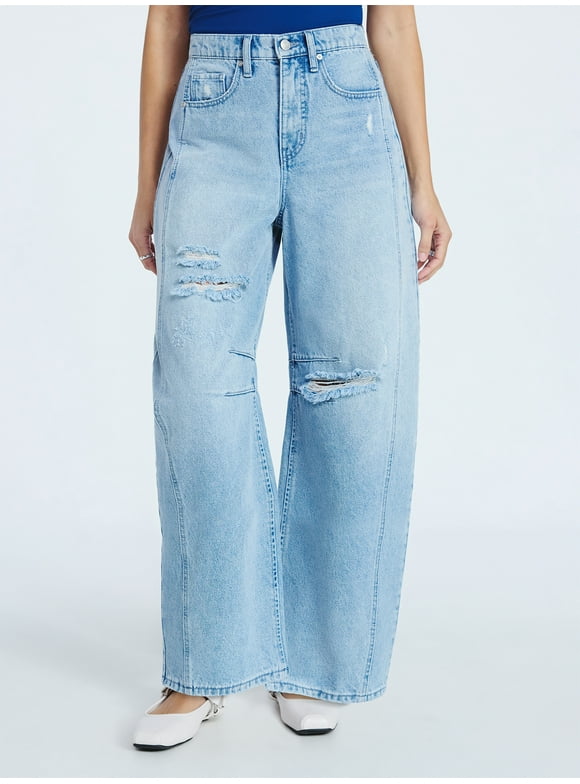 Women’s and Women's Plus High-Rise Ankle Barrel Jeans with Distressed Details, Sizes 0-26