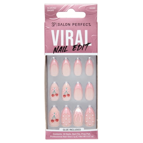 Salon Perfect Artificial Fake Press On Nails, 455 Viral Nail Edit Cherry Bow, Short Almond, File, Glue and Prep Pad Included, 30 Nails