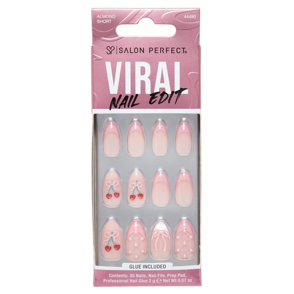 Salon Perfect Artificial Fake Press On Nails, 455 Viral Nail Edit Cherry Bow, Short Almond, File, Glue and Prep Pad Included, 30 Nails