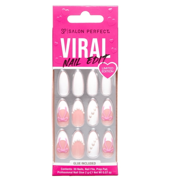 Salon Perfect Valentines Day Artificial Fake Press On Nails, 499 Viral Nail Edit Coquette Crush, Medium Almond, File, Glue and Prep Pad Included, 30 Nails