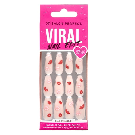 Salon Perfect Valentines Day Artificial Fake Press On Nails, 497 Viral Nail Edit Smooch, Long Coffin, File, Glue and Prep Pad Included, 30 Nails