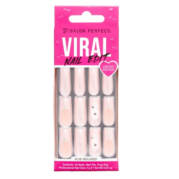 Salon Perfect Valentines Day Artificial Fake Press On Nails, 500 Viral Nail Edit Soft Launch, Medium Almond, File, Glue and Prep Pad Included, 30 Nails