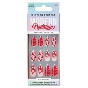 Salon Perfect Artificial Fake Press On Nails, 493 Modern Nostalgia, Fire Chilis, Medium Almond, File, Glue and Prep Pad Included, 30 Nails