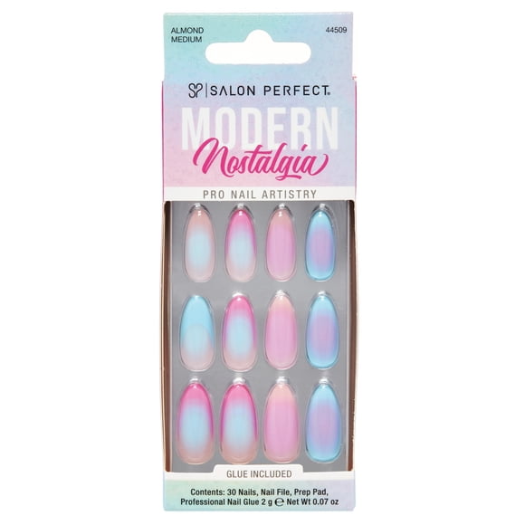 Salon Perfect Artificial Fake Press On Nails, 473 Modern Nostalgia, Aura French, Medium Almond, File, Glue and Prep Pad Included, 30 Nails