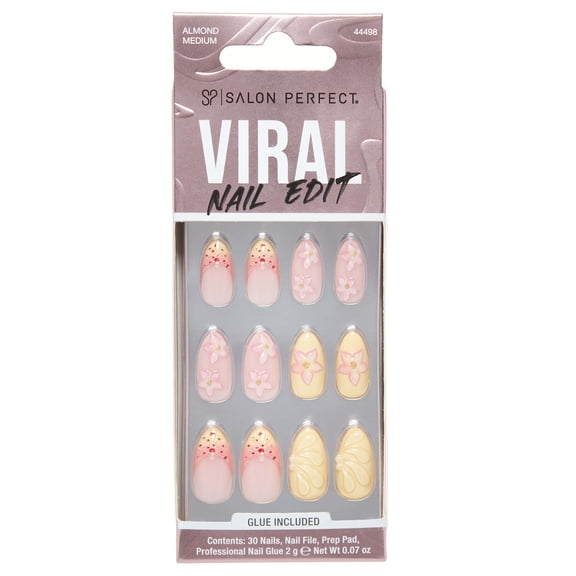 Salon Perfect Artificial Fake Press On Nails, 462 Viral Nail Edit, Yellow Flower, Short Almond, File, Glue and Prep Pad Included, 30 Nails