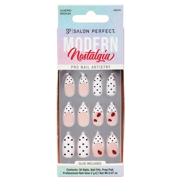 Salon Perfect Artificial Fake Press On Nails, 474 Modern Nostalgia, Polka Dot Ladybug, Medium Almond, File, Glue and Prep Pad Included, 30 Nails