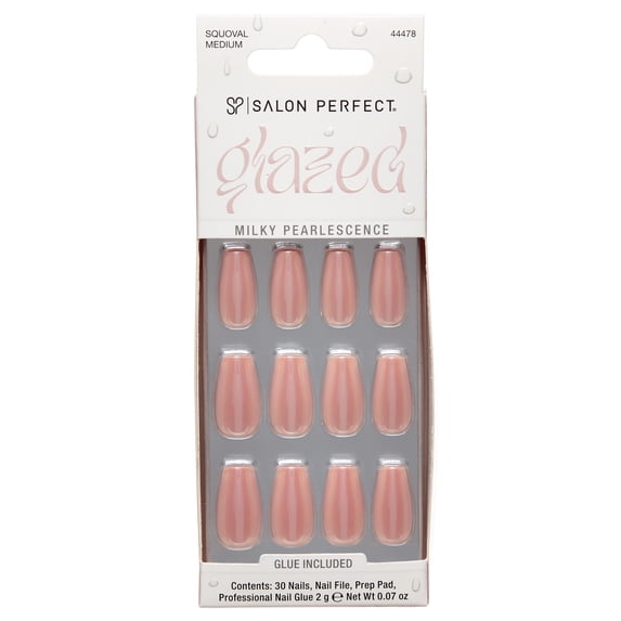 Salon Perfect Artificial Fake Press On Nails, 443 Glazed, Beige Nude, Medium Square, File, Glue and Prep Pad Included, 30 Nails