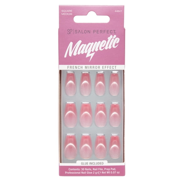 Salon Perfect Artificial Fake Press On Nails, 490 Magnetic French, Double Pink, Medium Square, File, Glue and Prep Pad Included, 30 Nails