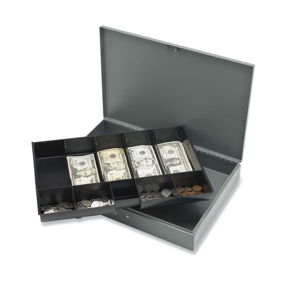 SP Richards Steel Locking 3"H x 10"W x 7"D Cash Box with Removable Tray, Black