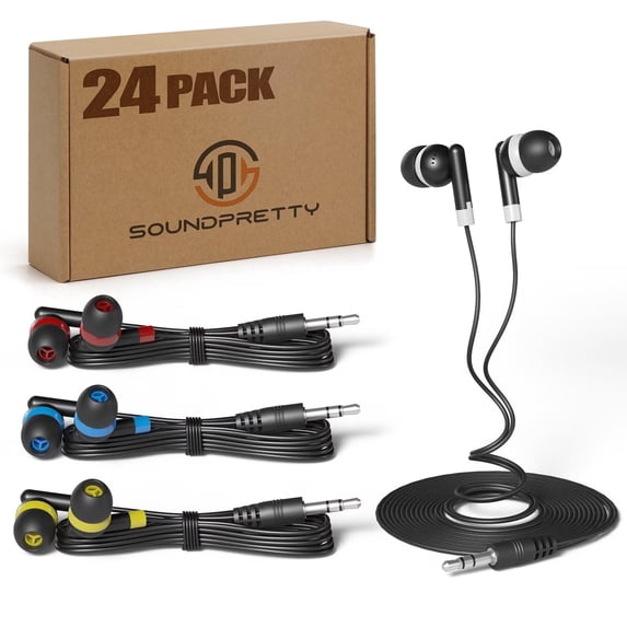 SP Soundpretty Bulk Kid Classroom Earbuds 24 Pack Wired - 4 Assorted Colors,85dB Safe Volume Earphones for School, Chromebook, Tablet - Individually Wrapped