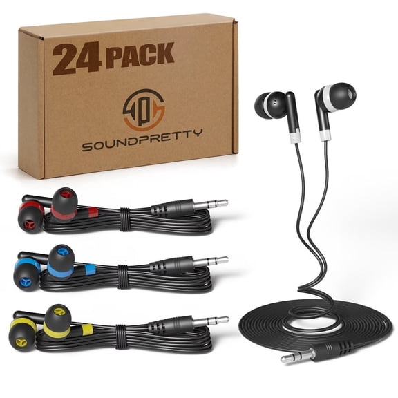 SP Soundpretty Bulk Kid Classroom Earbuds 24 Pack Wired - 4 Assorted Colors,85dB Safe Volume Earphones for School, Chromebook, Tablet - Individually Wrapped