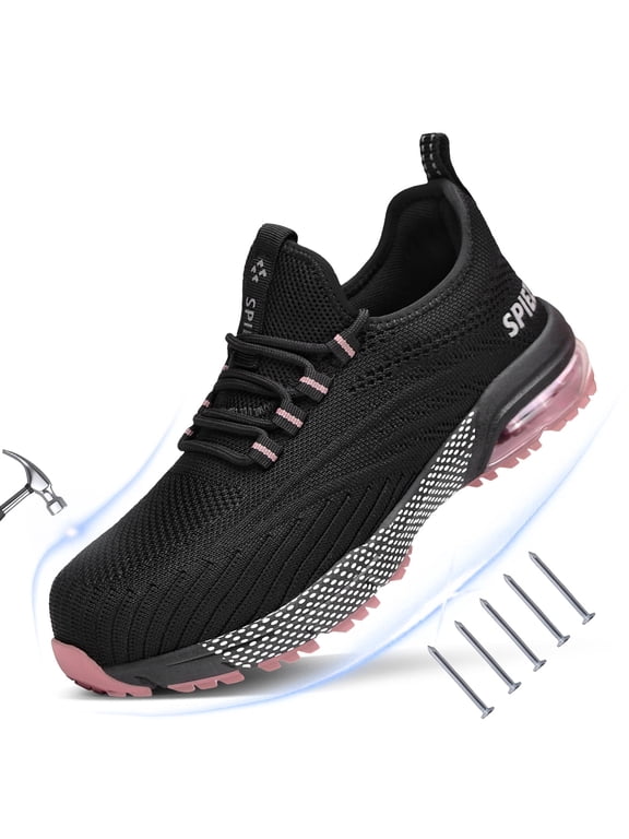 ® Women's Composite Toe Safety Shoes,Breathable Non Slip Work Shoes,Lightweight Safety Sneakers with Air Cushion-Black Pink,Size 7.5
