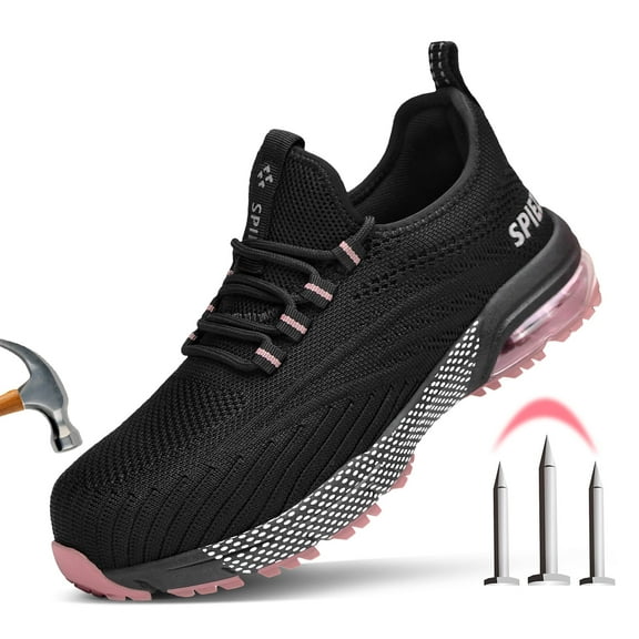 SPIEZ® Women's Composite Toe Safety Shoes,Breathable Non Slip Work Shoes,Lightweight Safety Sneakers with Air Cushion-Black Pink,Size 7.5