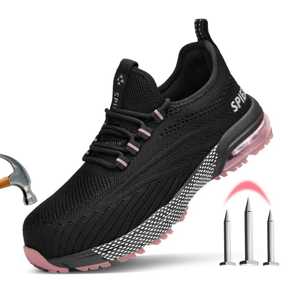 SPIEZ® Women's Composite Toe Safety Shoes,Breathable Non Slip Work Shoes,Lightweight Safety Sneakers with Air Cushion-Black Pink,Size 9