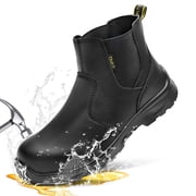 SPIEZ  Mens Waterproof Steel Toe Safety Boots,Light Weight Slip On Chelsea Boot,No Slip Work Shoes For Industrial|Construction,Black Size 12