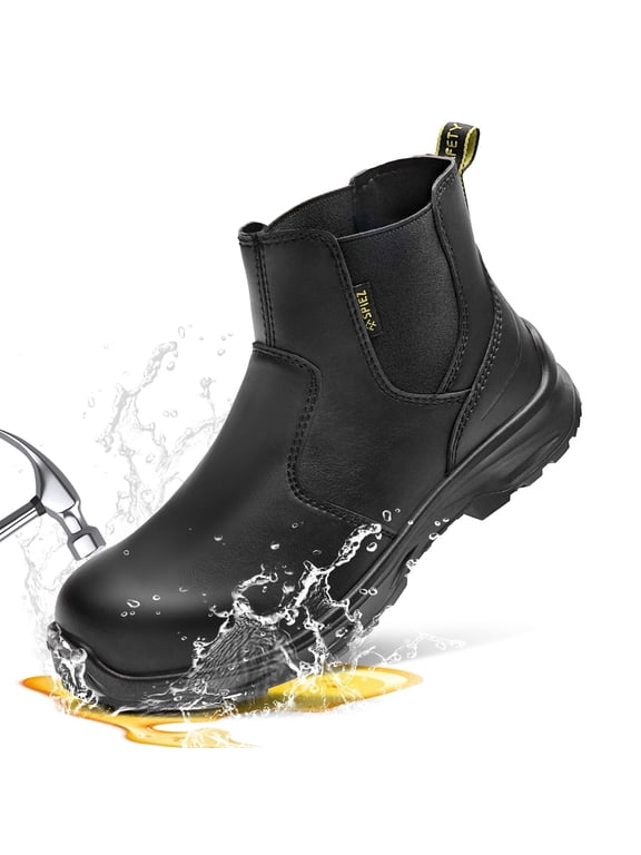 ® Men's Waterproof Steel Toe Safety Boots,Light Weight Slip On Chelsea Boot,No Slip Work Shoes For Industrial|Construction,Black Size 10.5