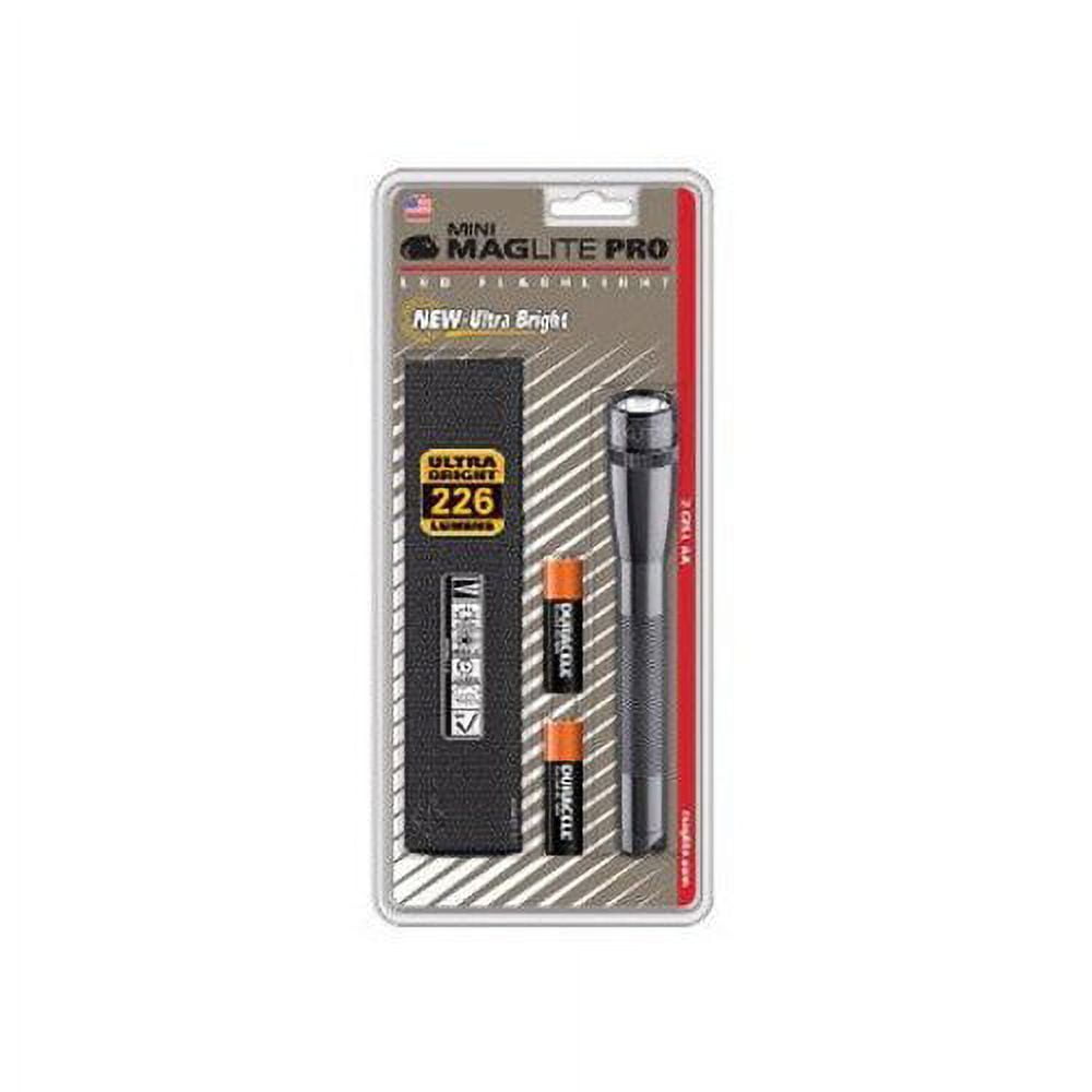SP2P09H Mini PRO LED Flashlight with 2 AA Alkaline Batteries and Belt Holster, 272 Lumens, Gray
