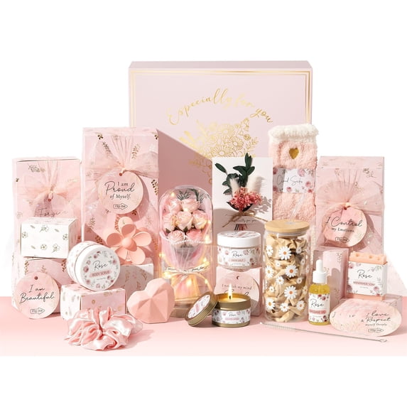 SPA Gift Basket for Women, 10 Pcs Self Care Kit with Rose in Glass Dome & Affirmation Cards, Teen Girl Gifts Trendy Stuff Set, Birthday Mothers Day Get Well Gift for Mom Her, Pink