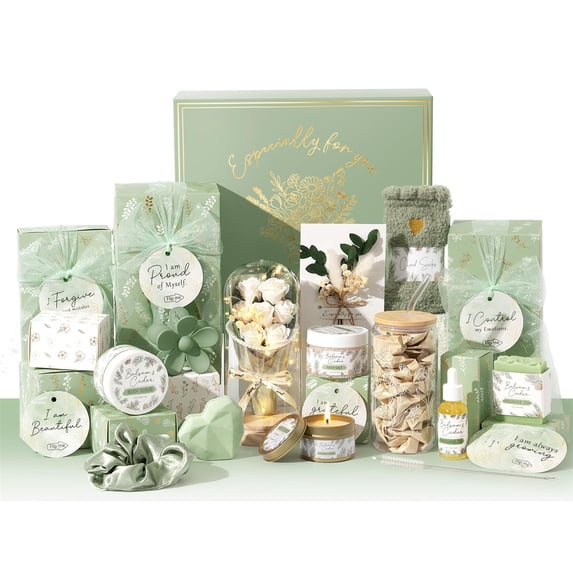 SPA Gift Basket for Women, 10 Pcs Self Care Kit with Rose in Glass Dome & Affirmation Cards, Teen Girl Gifts Trendy Stuff Set, Birthday Mothers Day Get Well Gift for Mom Her, Green