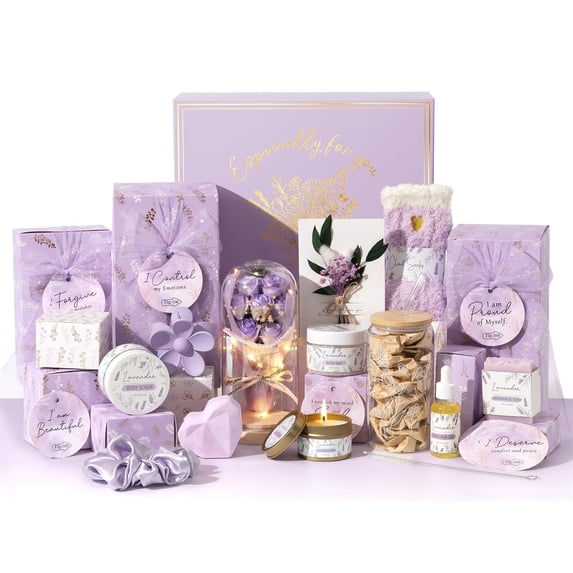SPA Gift Basket for Women, 10 Pcs Self Care Kit with Rose in Glass Dome & Affirmation Cards, Teen Girl Gifts Trendy Stuff Set, Birthday Mothers Day Get Well Gift for Mom Her, Purple