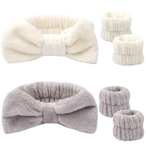 SPA Headbands for Washing Face Makeup Headbands with Bow Hair Band Women Facial Head Band Wrist Towel Wraps For Shower Face Mask White Gray, 6 Pack