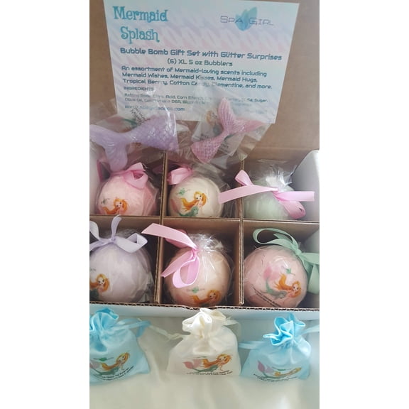 SPA PURE MERMAID BATH BOMBS - WITH GLITTER SURPRISES, 6 MERMAID SPLASH Bubble Bath Fizzy Gift Set, 6 XL USA Made, Perfect Bubble Bath, Handmade, Birthday Gift idea for Girls, Spa Party