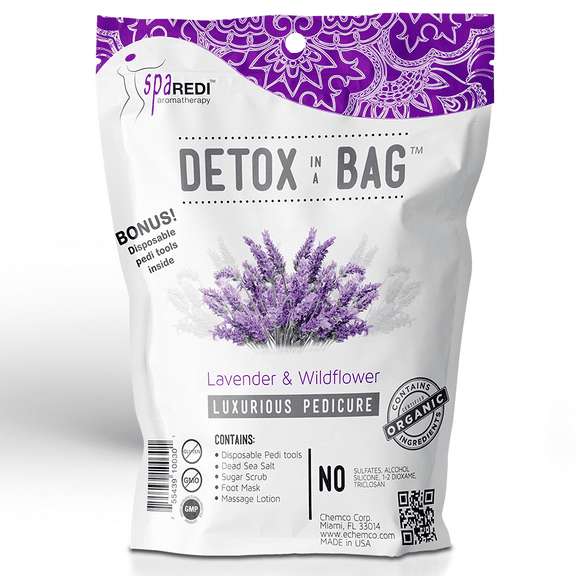 SPA REDI Detox In A Bag Pedicure Kit -Pedicure Massage for Tired Feet, Detoxifies and Refreshes Feet, Soothing Lavender