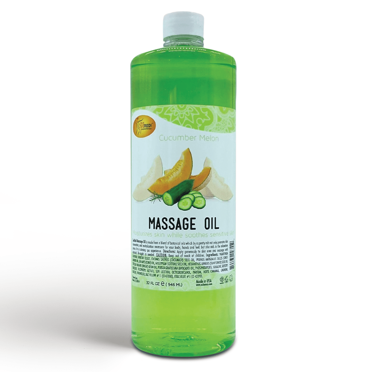 SPA REDI - Massage Oil, Cucumber Melon, 32 Oz - Professional Full Body Massage Therapy, Manicure, Pedicure - Relax Sore Muscles and Repair Dry Skin, Enhanced with High Absorption Oils and Vitamin E