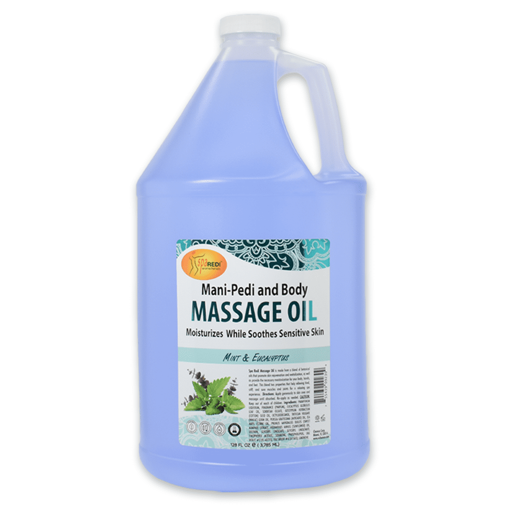 SPA REDI - Massage Oil, Mint Eucalyptus, 128 Oz - Professional Pedicure, Manicure, Body Massage Therapy, Made with Almond Oil, Cotton Seed Oil, Sunflower Oil, Avocado Oil, Essential Oils, Vitamin E