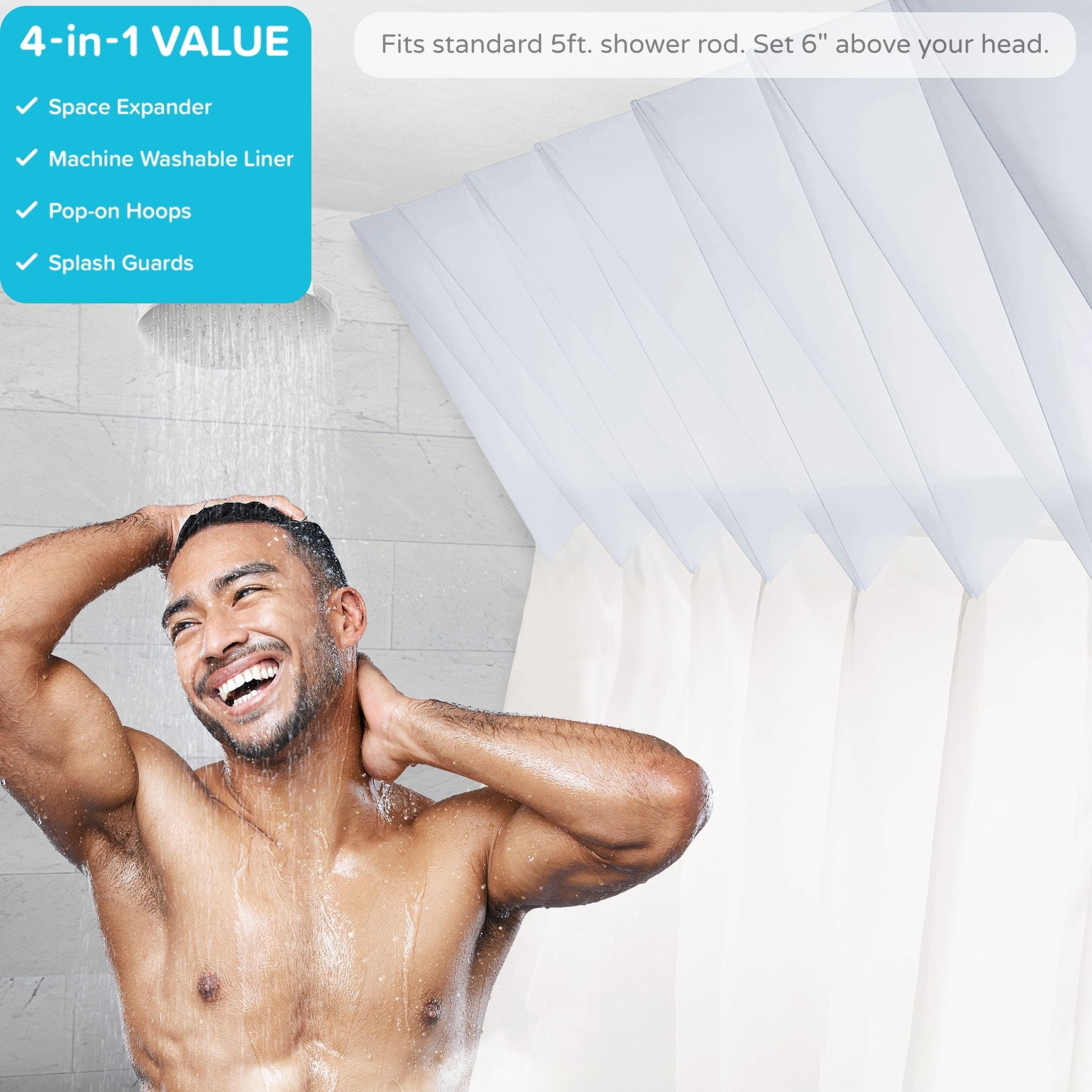 SPACE Expandy Shower. 4-in-1 Set: Folding Expander + Pop-on Hoops + Machine Washable Shower Curtain Liner + Splash Guards. Fits Rods up to 60”W