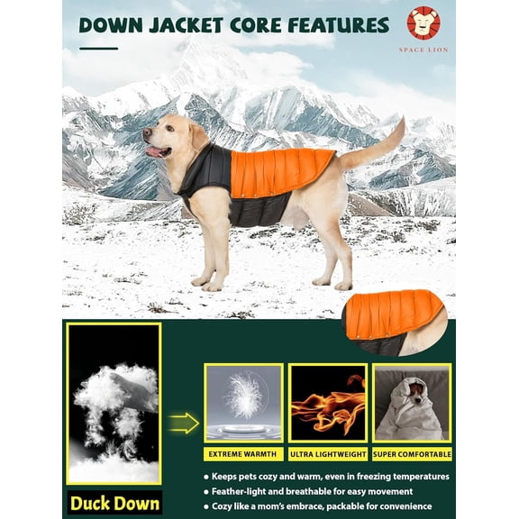 SPACE LION Classic Dog Down Jacket, Duck Down Insulation, SGS Certified, Warm, Lightweight, Water-Repellent, Two-Tone Winter Coat for Pets(BlackOrange,3XL)