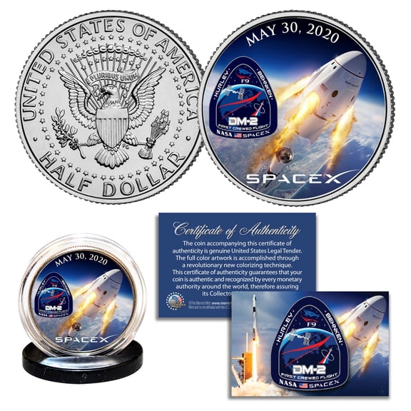 SPACE X FALCON 9 ROCKET Carrying First Ever Crew US JFK Kennedy Half Dollar Coin
