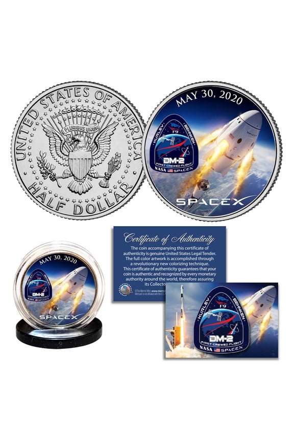 SPACE X FALCON 9 ROCKET Carrying First Ever Crew US JFK Kennedy Half Dollar Coin