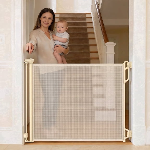SPACEANY Retractable Baby Gate, Mesh Safety Gate for Doorways and Stairs, 45 inches Wide, Cream