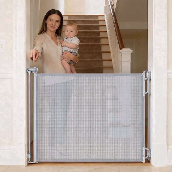 SPACEANY Baby Gate, Durable Retractable and Portable Easy To Use Safety Mesh Gate, for Stairs, Doorways, Hallways, Indoor and Outdoor, Ideal for Dogs, 33.5 Inch Tall (45 Inch rayWide, Gra'y)
