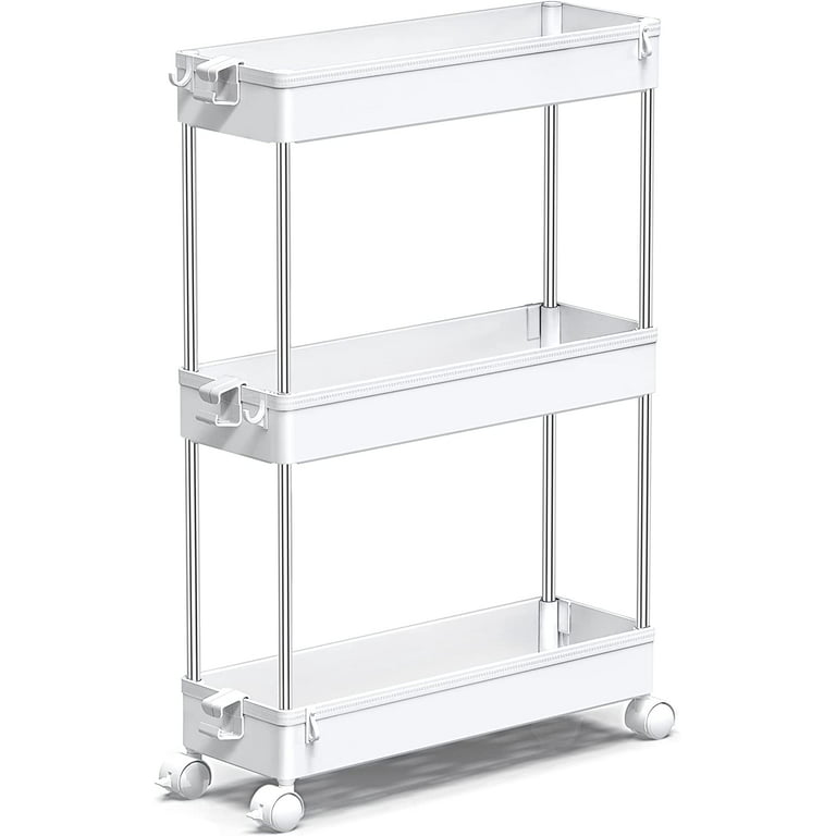 SPACEKEEPER 3 Tier Slim Storage Cart Mobile Shelving Unit Organizer Slide  Out Storage Rolling Utility Cart Tower Rack for Kitchen Bathroom Laundry  Narrow Places, Plastic & Stainless Steel, White 